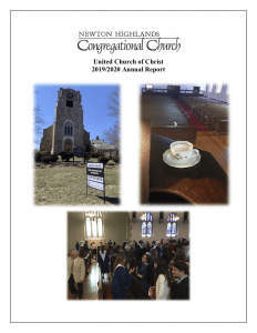 This year's annual report cover--church building, tea cup, sanctuary.
