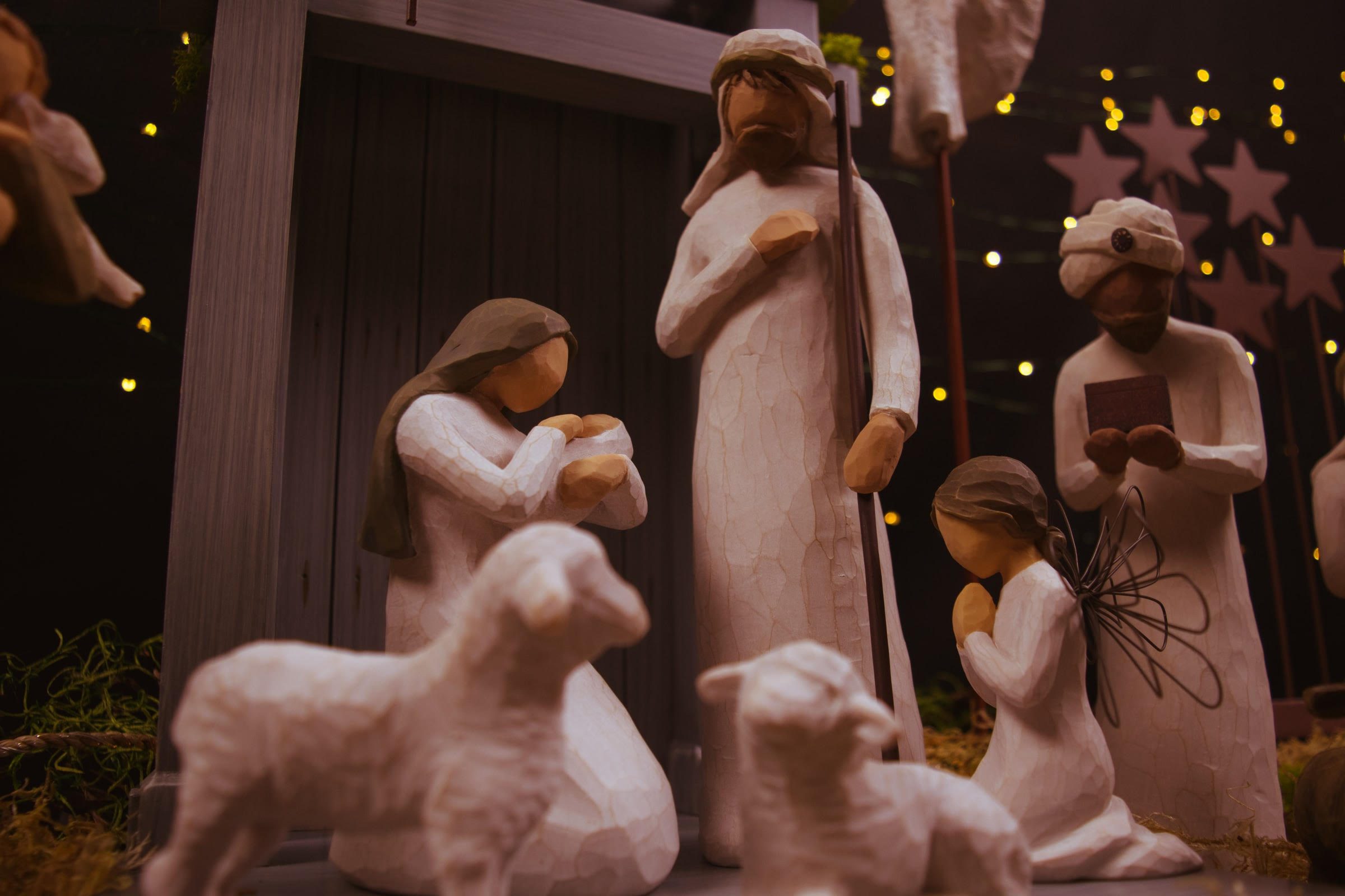 A nativity scene with wooden figures