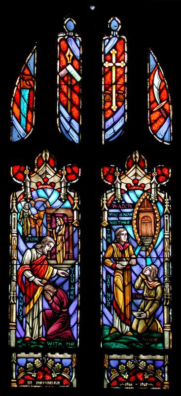 Stained glass window depicting The Parable of the Lost Son (L) and The Parable of the Young Virgins
