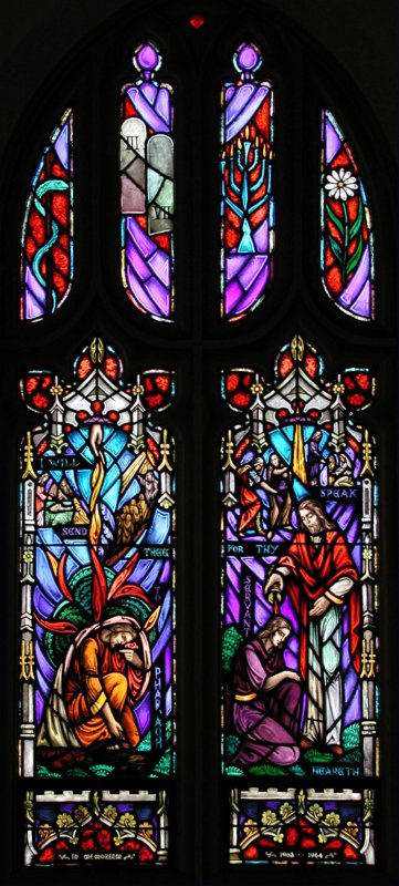 Stained glass window depicting Moses and the Burning Bush (L) and Samuel Anointing Saul (R)