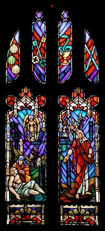 Stained glass window depicting The Parable of the Good Samaritan (L) and The Parable of the Sower