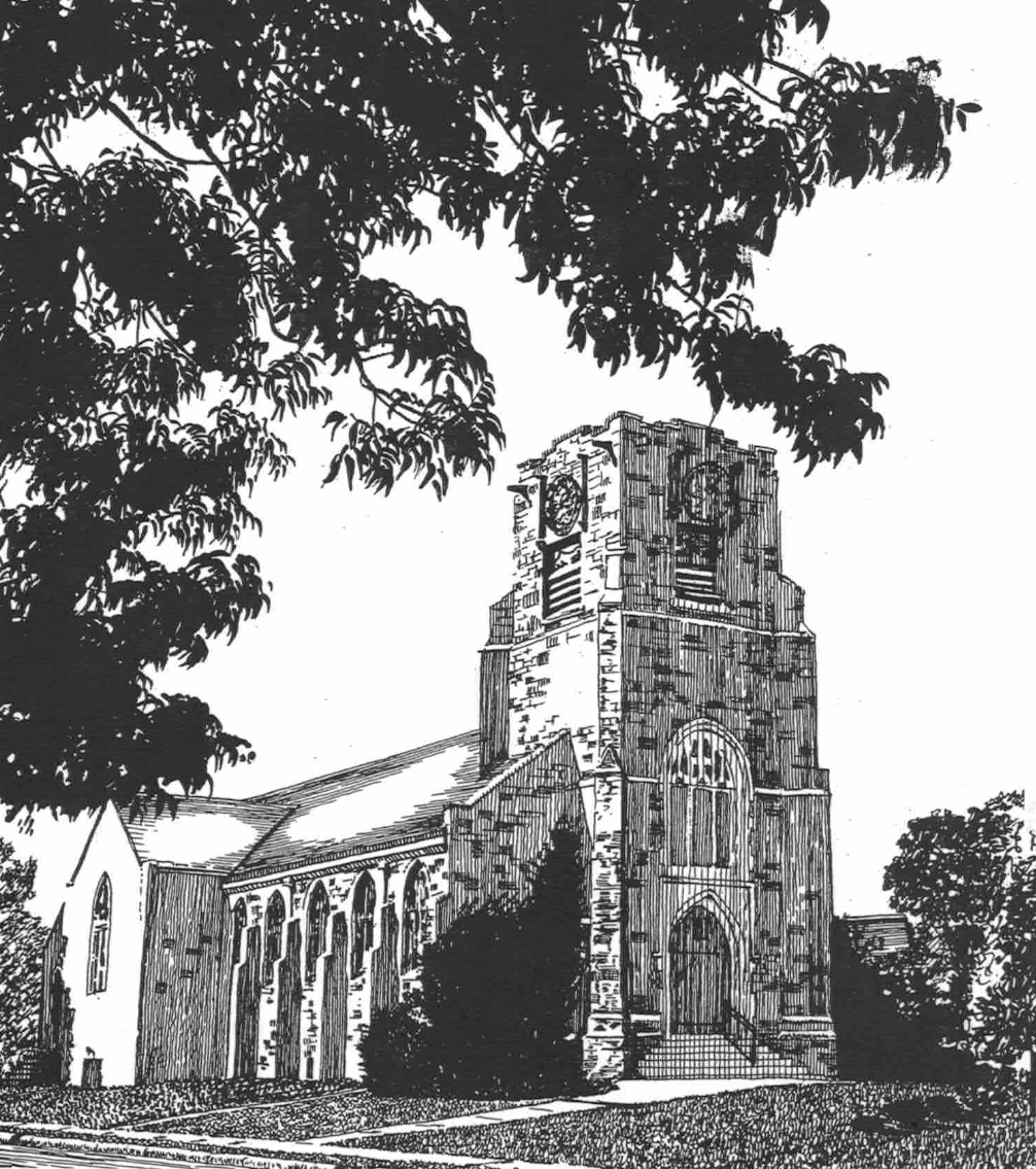 An ink drawing of the Newton Highlands Congregational Church