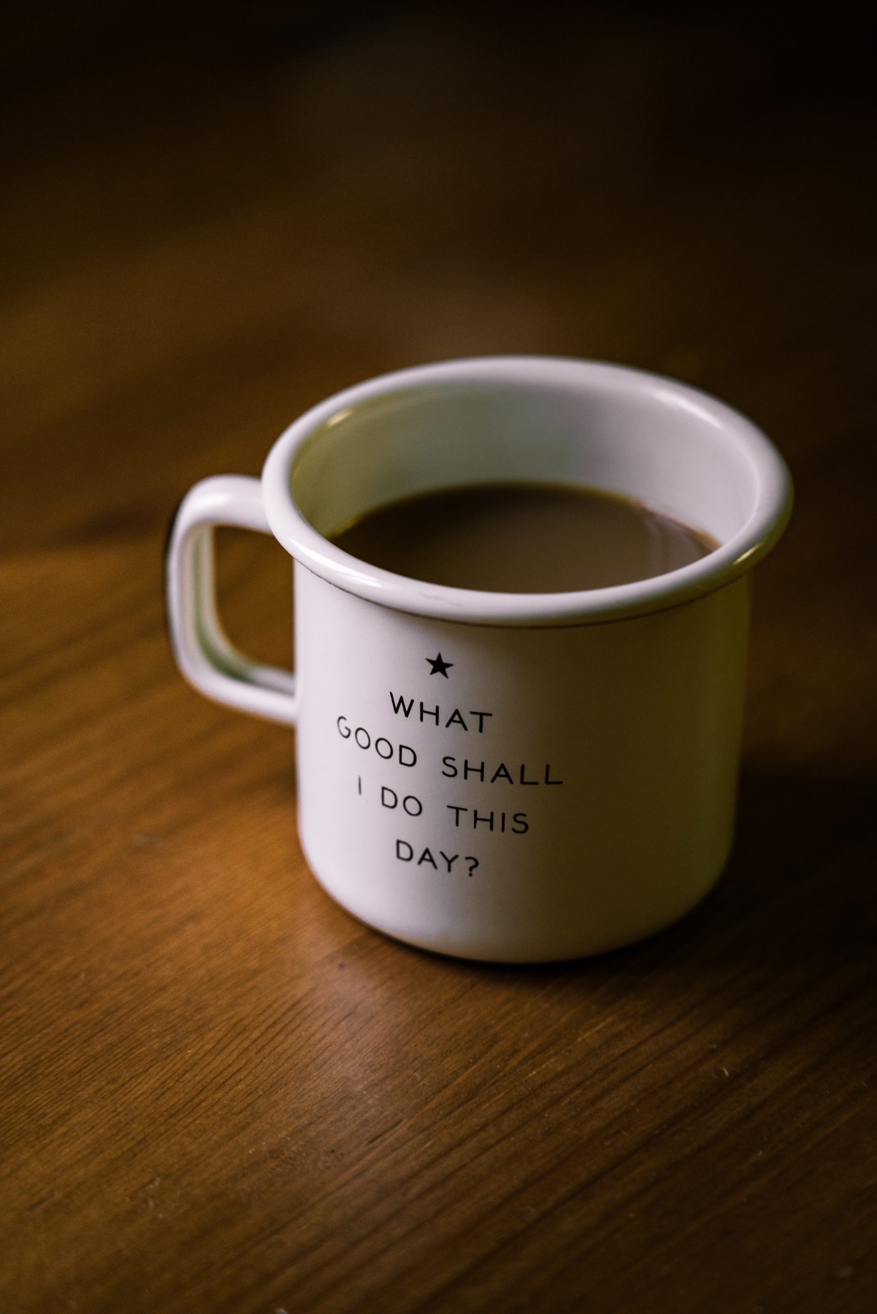 Mug with the words, "What good shall I do this day?"