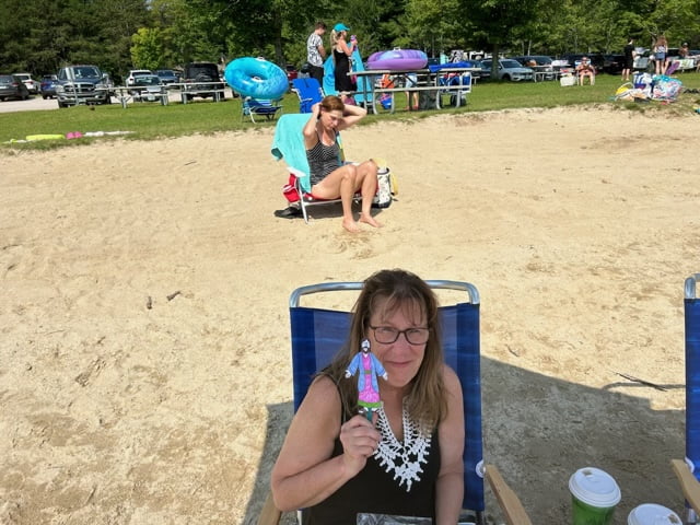 Wendy Donnell at Lake Sunapee with Flat Jesus