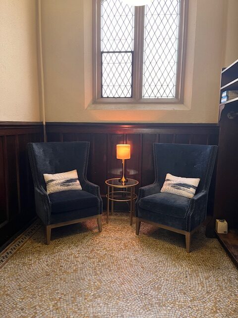 New lamp, throw pillows in narthex