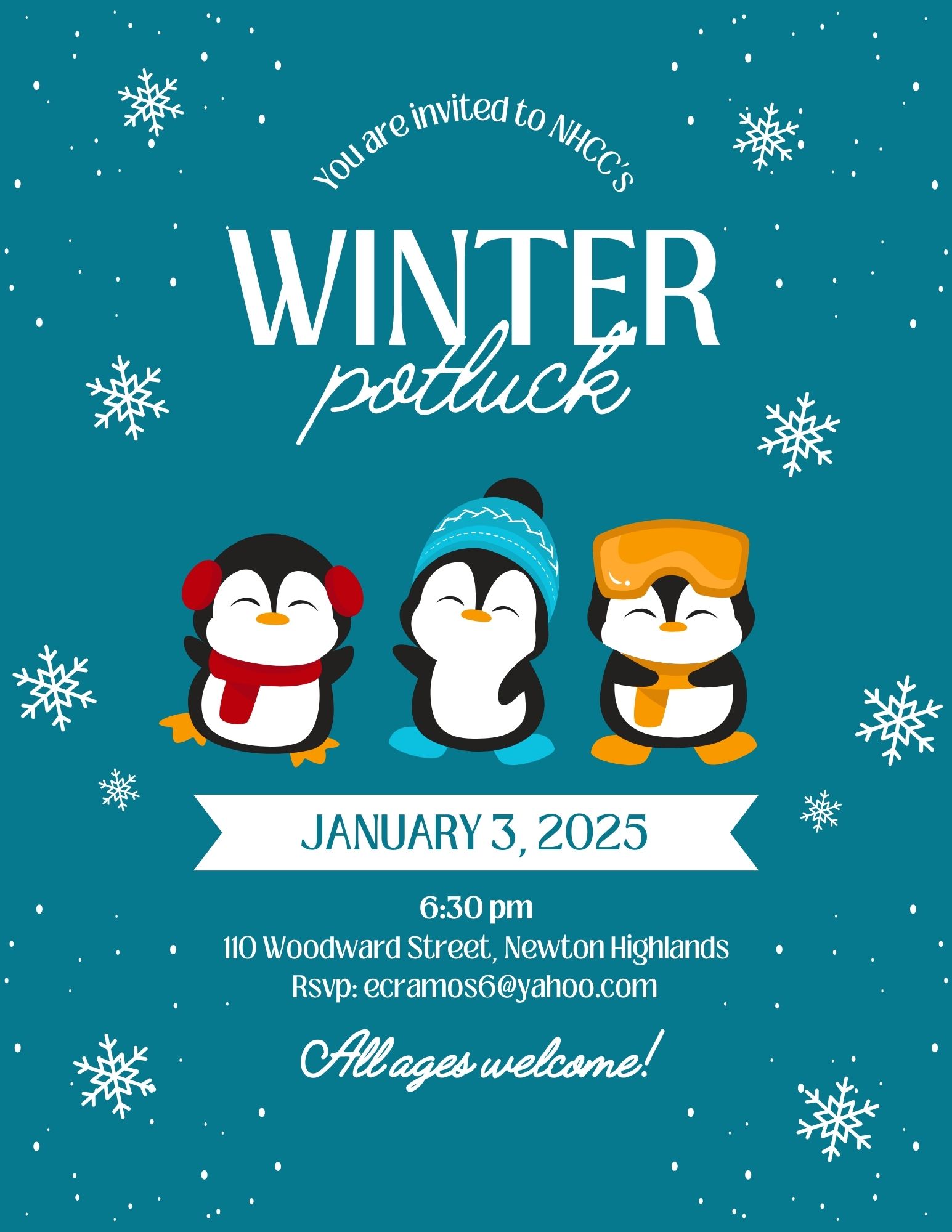 blue flyer with penguins; invitation to Jan. 3, 2025, potluck