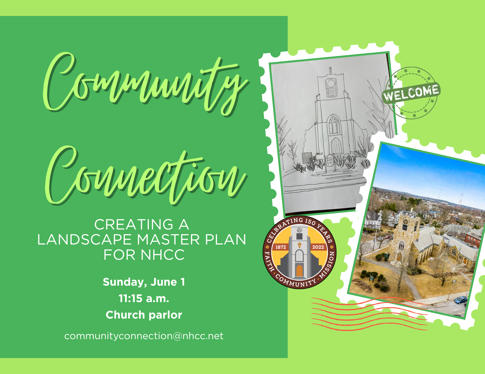 Community Connection flyer with 2 images of church